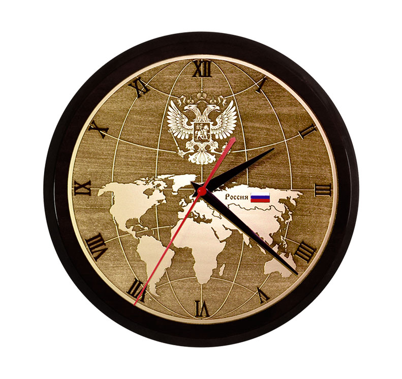 Настенные часы ''Карта мира с гербом РФ''